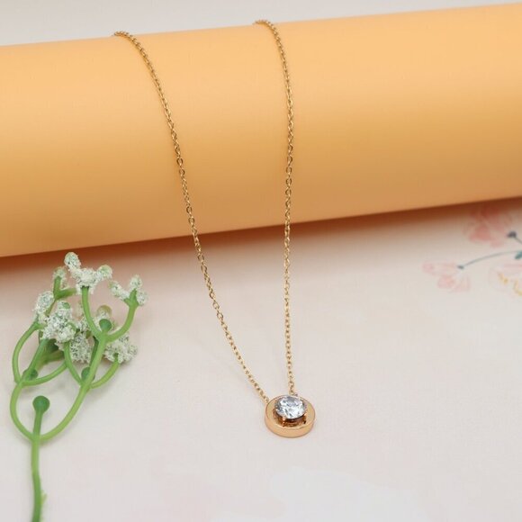 Minimalist Rose Gold Solitaire Necklace with Dainty Round Pendant, XPNL0176 - Picture 10 of 13